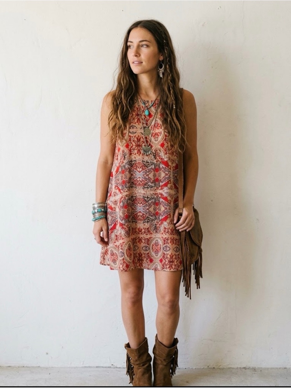Lulus Boho Paisley Print Sleeveless High Neck Dress - M